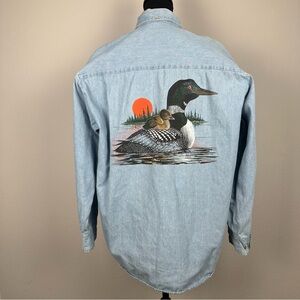 Vintage LALoving Minnesota Loon Duck Denim Button Up Long Sleeve Shirt Sz Large